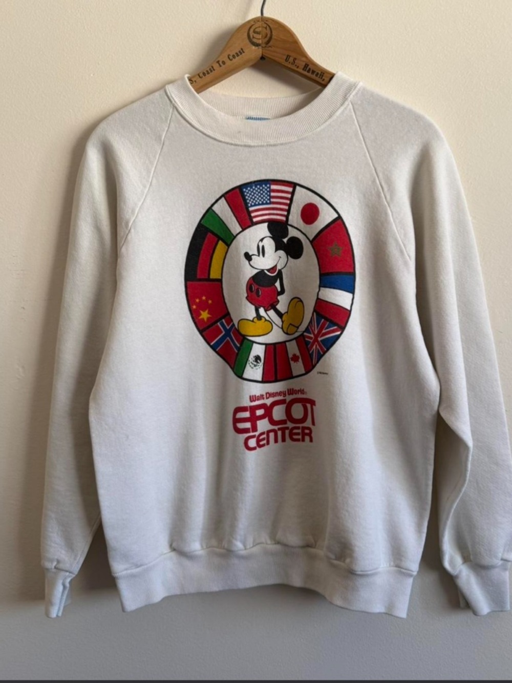 Disney White Crewneck Sweatshirt with Multicolor Mickey & Flags Graphic